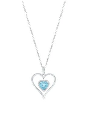 Blue Topaz Heart Pendant Necklace Double Heart Silver Tone